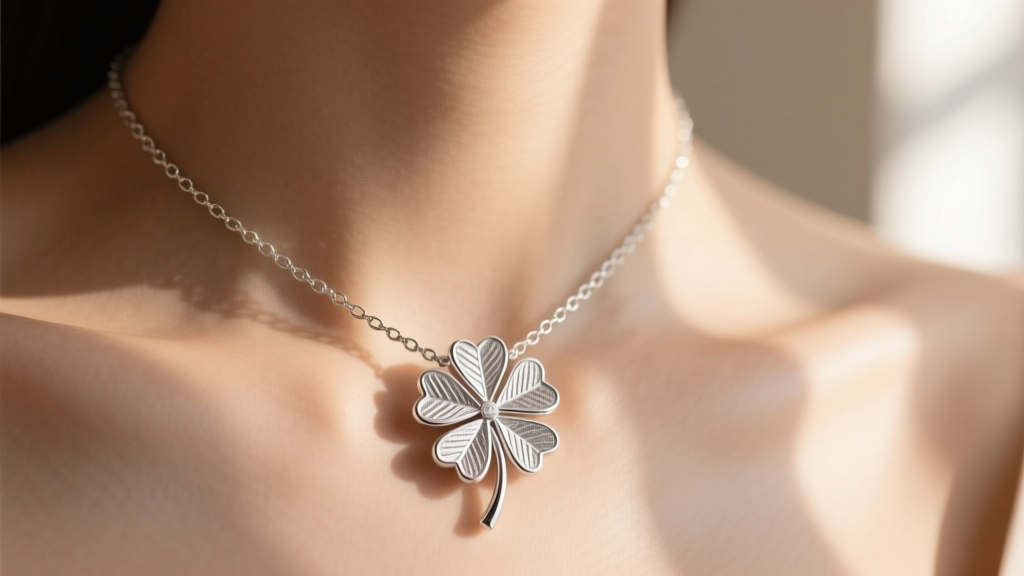 Elegant collarbone shot of a layered sterling silver 4 leaf clover necklace on an 18-inch box chain against soft natural light