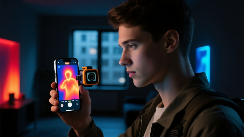 A person using a pocket-sized thermal imaging camera attached to a smartphone to scan a dark room for heat signatures at night.