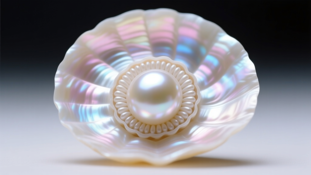Macro photography of a pearl cross-section showing thick concentric nacre layers, illuminated by a soft gemological light source.