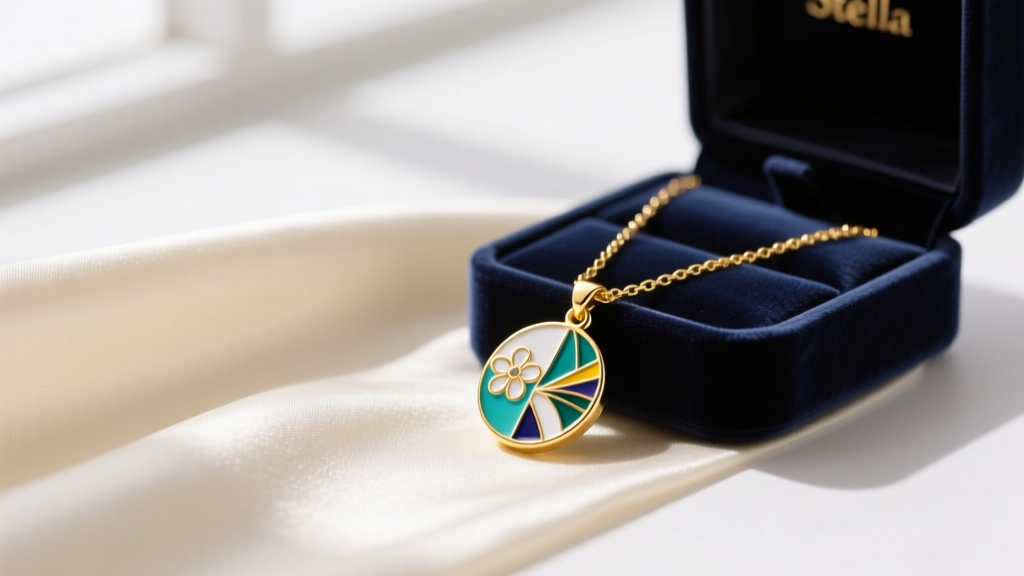 A gold-plated Stella Dot necklace with a reversible enamel pendant resting on cream silk fabric beside a dark velvet jewelry box.