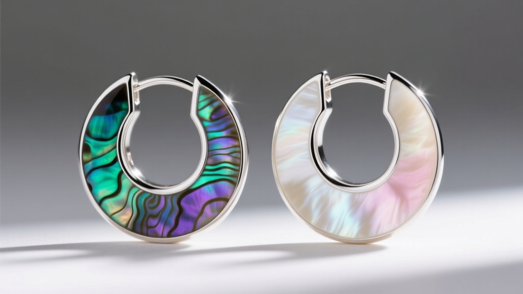 Macro shot comparing iridescent green Paua shell and creamy Mother of Pearl inlay on two separate sterling silver hoop earrings