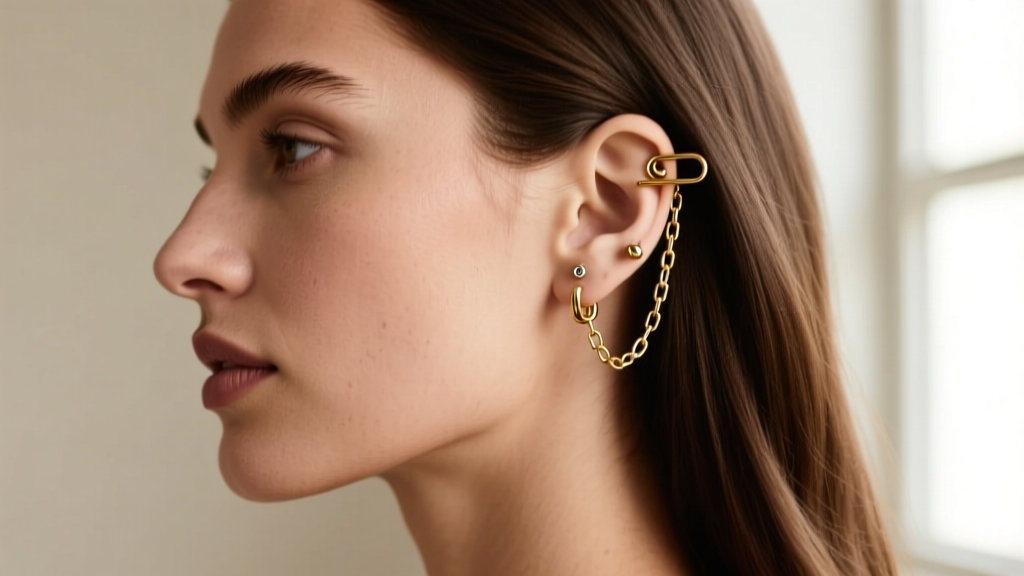 Side profile of a woman with curated ear piercings featuring 16-gauge gold paper clip chain ear cuffs and small helix studs