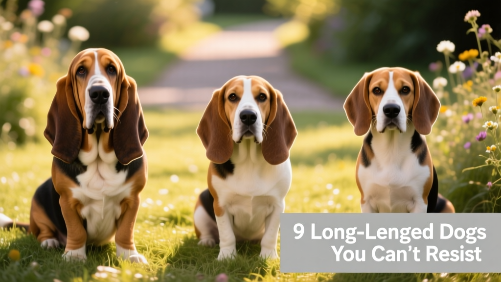 Side-by-side comparison of three long-eared breeds: Bloodhound, Basset Hound, and Beagle, each showing distinct ear shape and texture