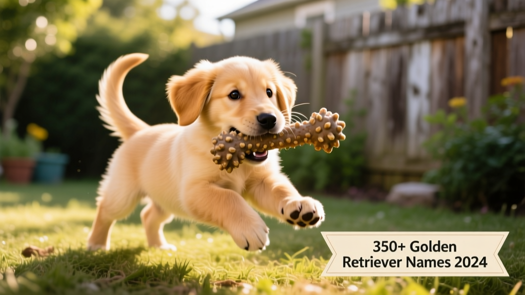 A small Golden Retriever puppy playfully chewing on a durable chew toy, tail wagging