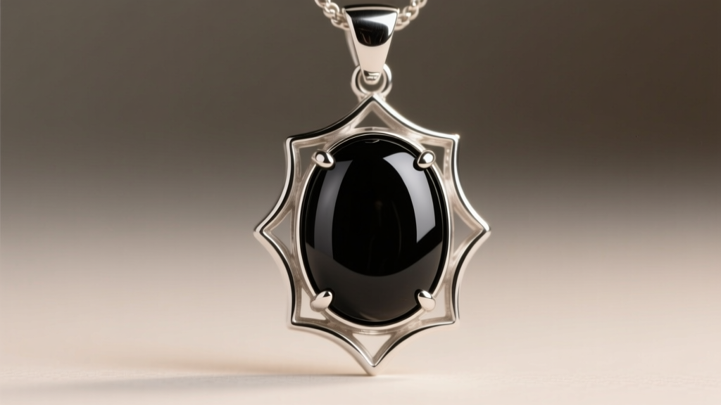 Close-up of a black onyx cabochon in a sterling silver bezel on a gothic pendant, showing the smooth polish and secure metal fold