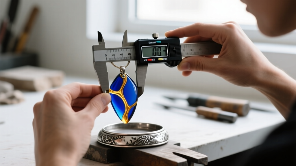 Jeweler using digital calipers to measure the thickness of a kiln-fused glass pendant before setting it into a heavy silver bezel