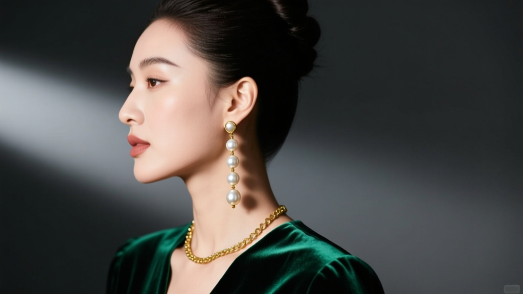 Side profile of a woman with an updo, showcasing a long gold and pearl drop earring against a dark emerald green velvet top