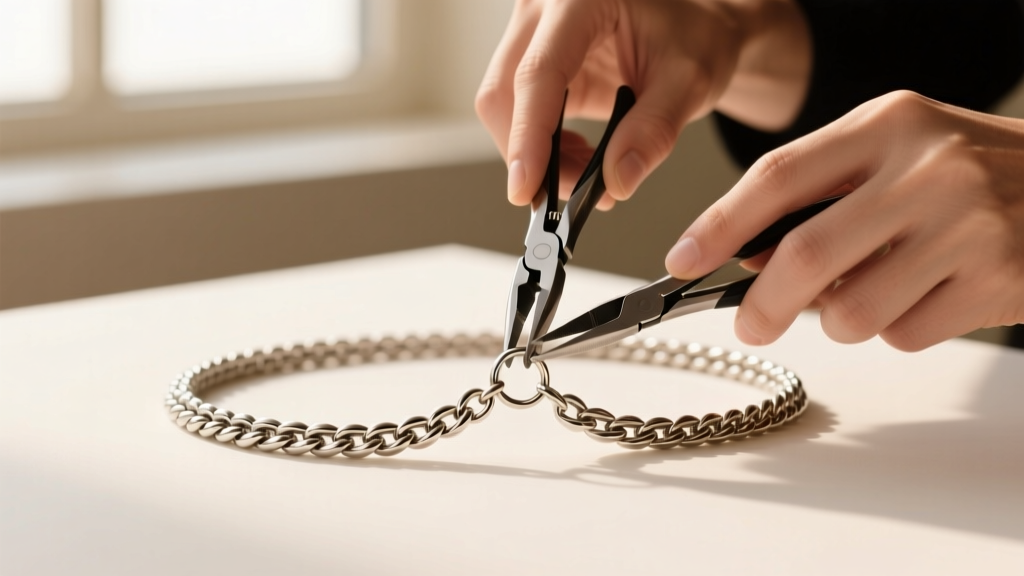 Jeweler using flat-nose pliers to securely close a 3mm soldered jump ring on a thick 2.5mm stainless steel wheat chain necklace