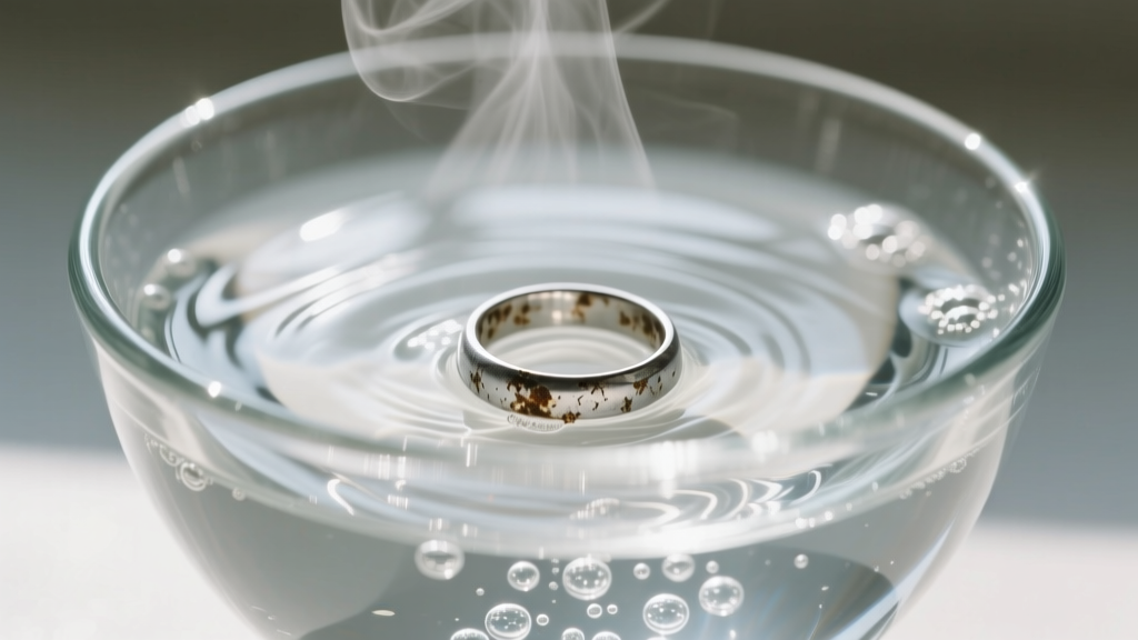 Close-up of a glass bowl lined with aluminum foil, showing bubbling hot water and a submerged tarnished silver ring being cleaned