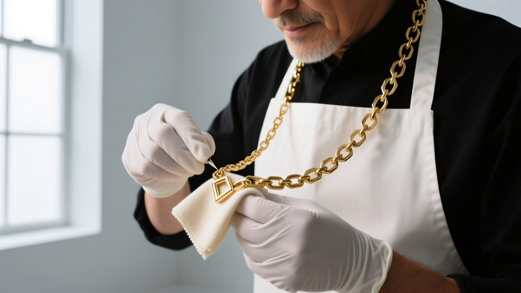 A professional jeweler using a dry microfiber cloth to gently polish the gold-plated brass chain of a luxury designer necklace