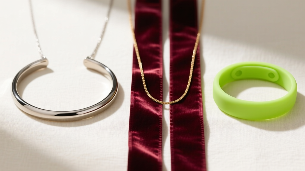 A flat lay comparison of three tight-fitting necklaces: a 2mm titanium collar, a velvet ribbon, and a silicone band