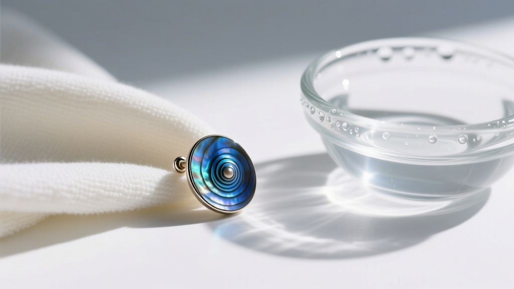 Soft microfiber cloth gently wiping a damp blue paua shell stud earring, next to a small bowl of distilled water and mild soap.