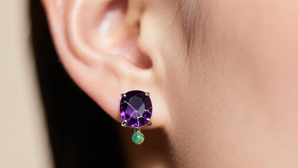Close-up of an earlobe wearing dark purple dyed quartz studs, showing faint greenish skin discoloration around the silver post.