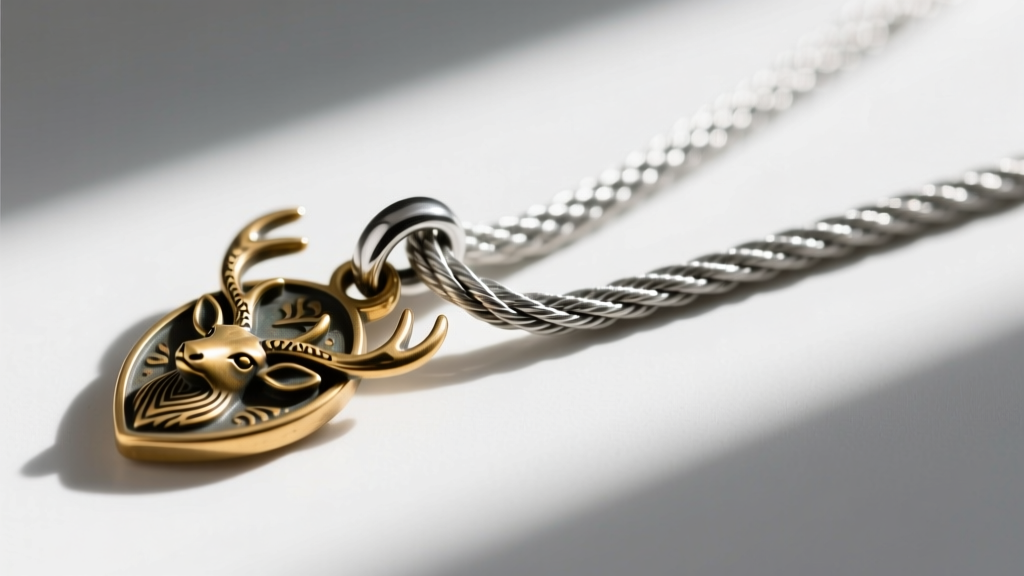 Macro shot of a 4mm 316L stainless steel rope chain with a secure lobster clasp attached to a brass hunting motif pendant