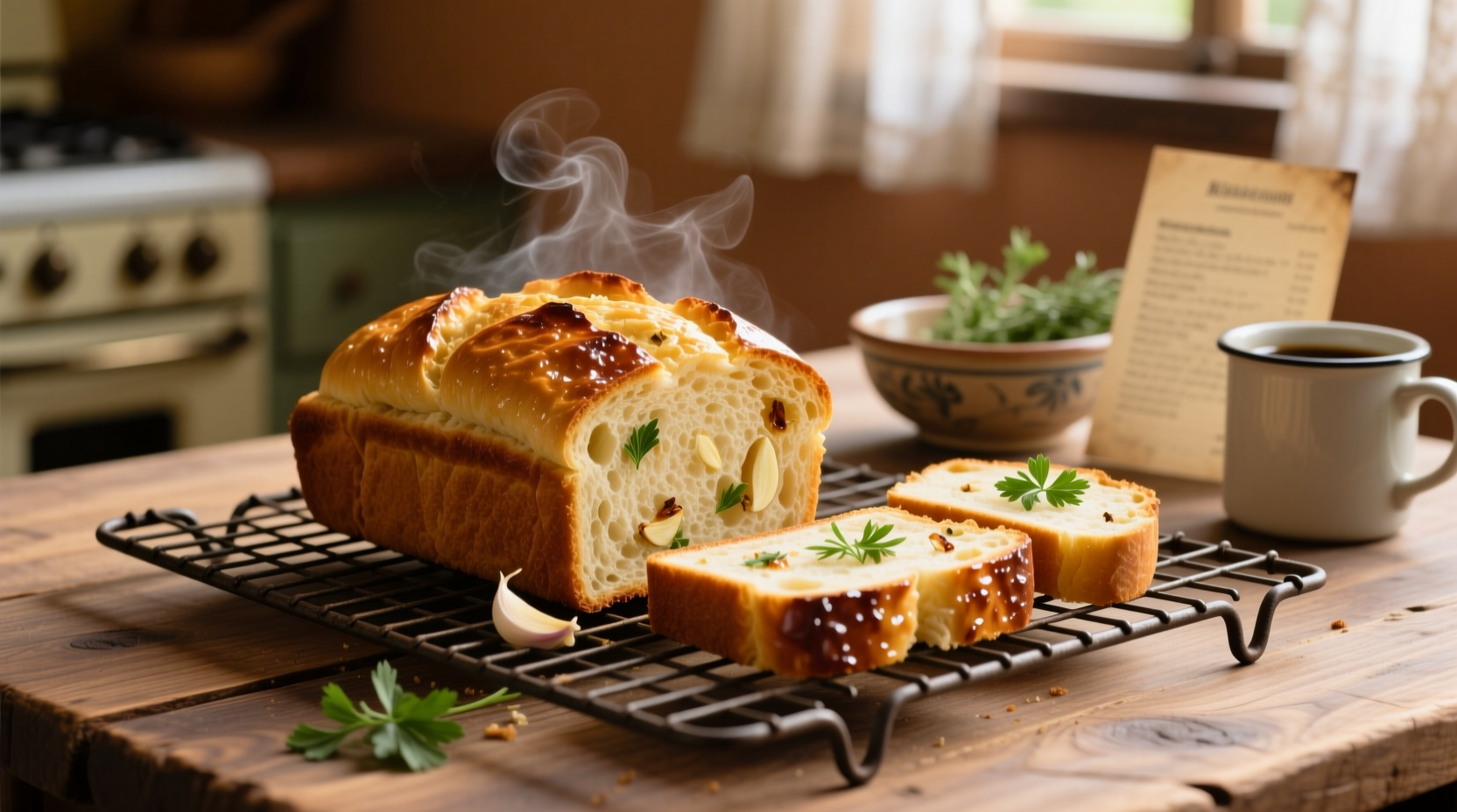 Golden garlic bread loaf cooling on wire rack