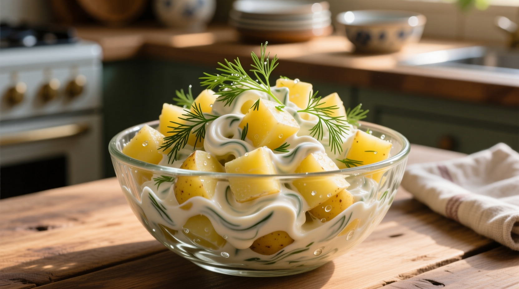 Creamy sour cream potato salad in glass bowl with fresh dill garnish