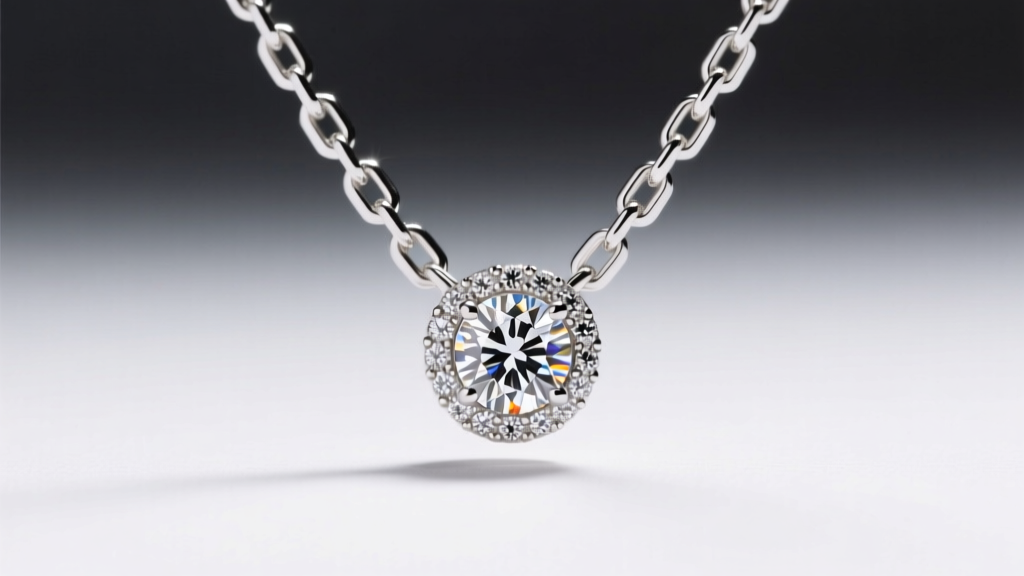 Close-up of a hidden diamond bail connecting a solitaire pendant to a white gold box chain under soft studio lighting.