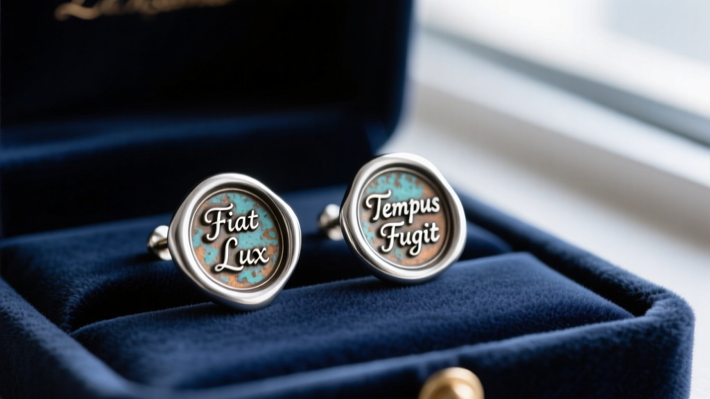 Close-up of artisan oxidized sterling silver wax seal earrings featuring Latin mottos, resting on dark velvet jewelry display.