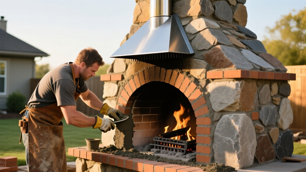 Mason applying refractory mortar to firebrick liner inside a newly framed stone outdoor fireplace structure with steel spark arrestor