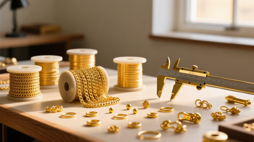 Jeweler workbench with wholesale gold chain spools, brass calipers, and polished 14k yellow gold findings in warm light