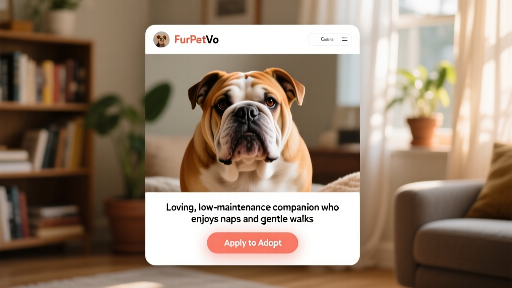 Screenshot-style mockup showing a FurPetVo profile page with an English Bulldog photo, bio section, and 'Apply to Adopt' button