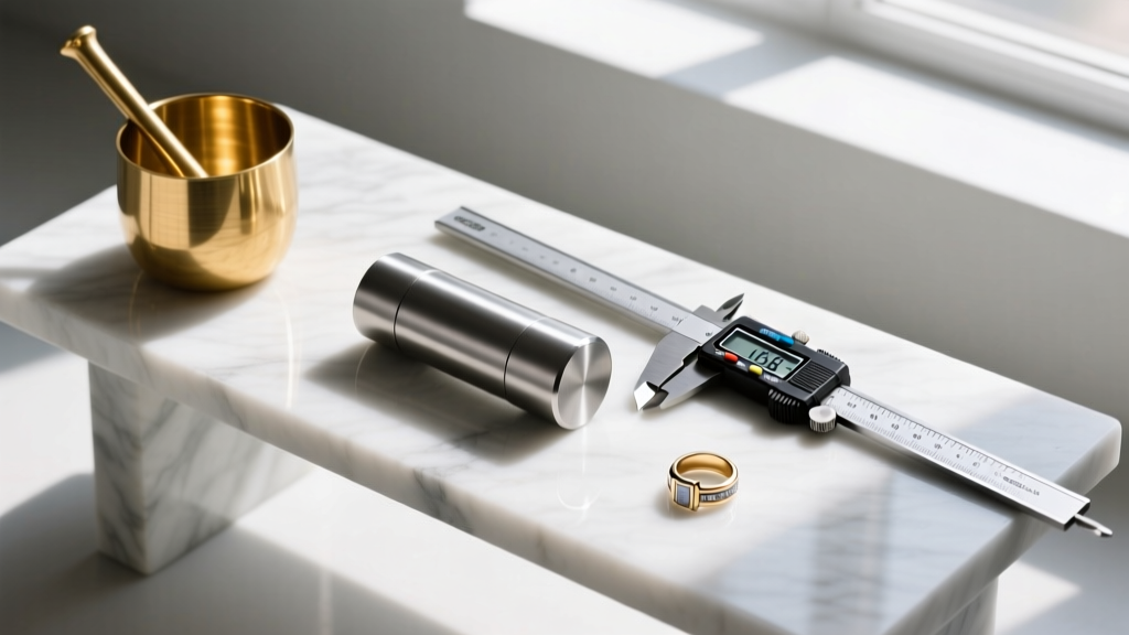 Overhead view of a bench with a titanium billet, gold crucible, and digital calipers measuring a thick mens ring gauge size.