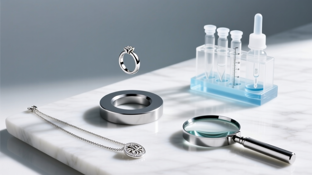 Flat lay of jewelry testing tools including a neodymium magnet, acid testing kit, and a loupe examining a platinum necklace clasp.