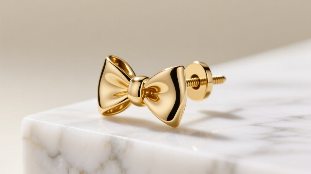 Close-up of a 20-gauge 18k gold bow earring post with secure screw-back threading, resting on marble, bright studio light