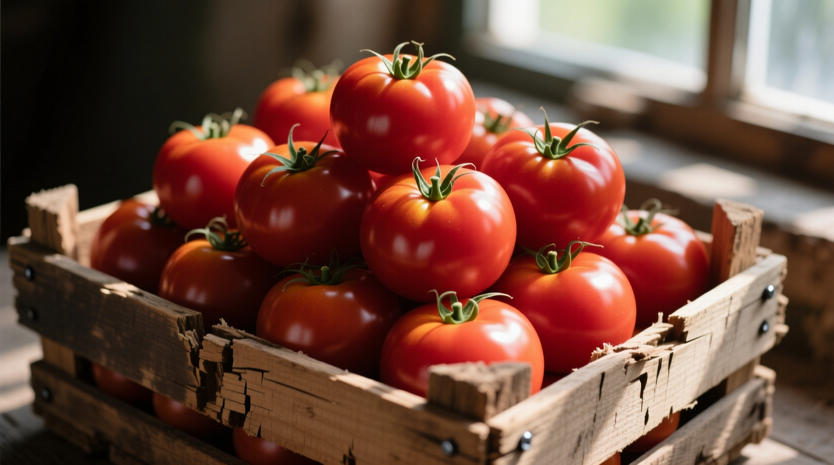 Tomatoes stored properly in wooden crate