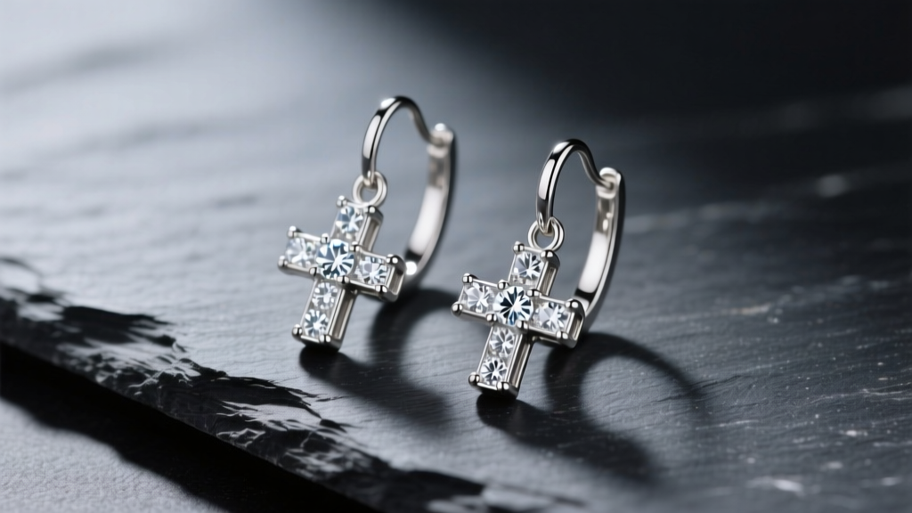 Sterling silver dangle cross earrings with small cubic zirconia accents resting on dark slate under soft directional lighting