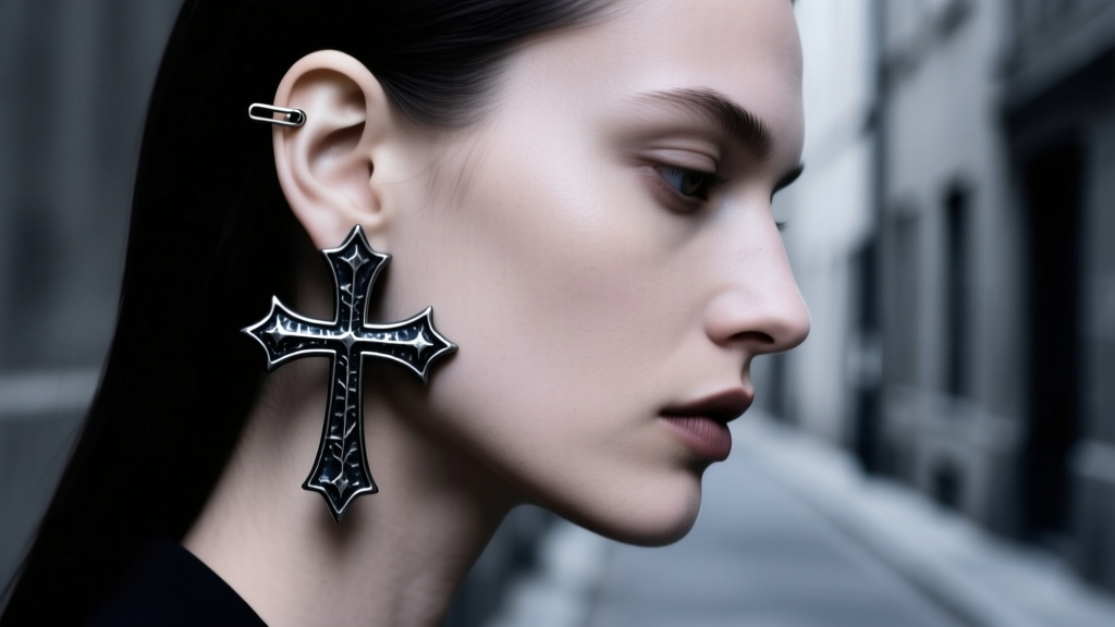Side profile of a woman wearing black oxidized silver gothic clip-on cross ear cuffs on her upper cartilage, moody cinematic lighting