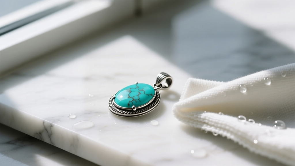 Turquoise pendant in oxidized silver gently wiped with a damp microfiber cloth, carefully avoiding any direct liquid contact.