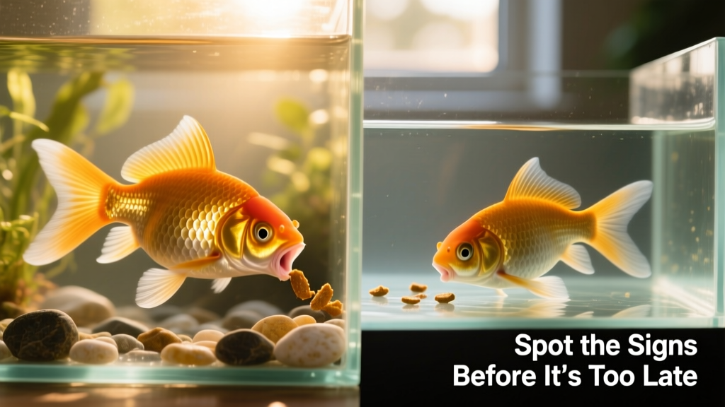 Side-by-side comparison: healthy fish actively feeding vs. one ignoring food near the surface
