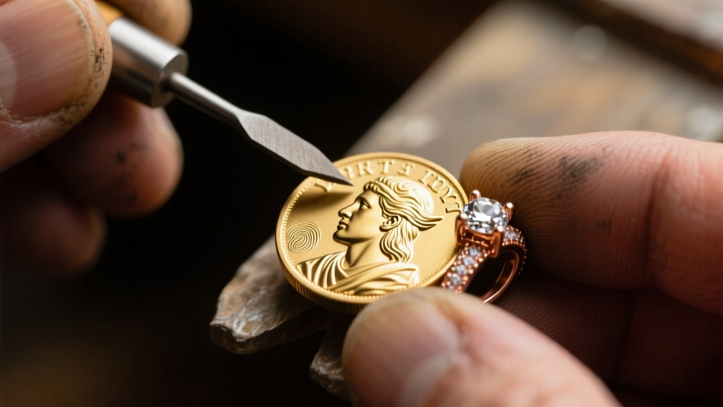 Macro shot of a jeweler using a burnisher to secure a 22k Liberty Head gold coin into an 18k rose gold custom prong setting