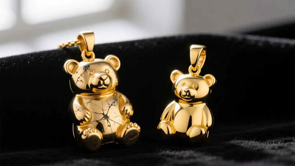 Macro shot comparing a worn gold vermeil bear pendant edge next to a pristine solid 18k yellow gold bear charm on dark velvet.