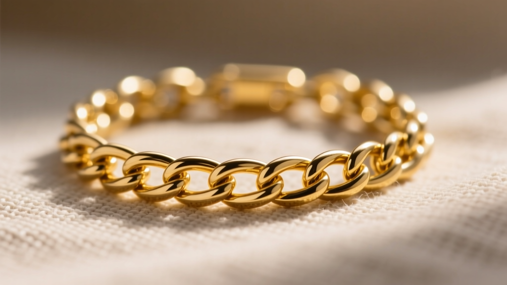 Close-up of a 14k yellow gold cable chain on textured linen, bathed in warm natural light to highlight the links.