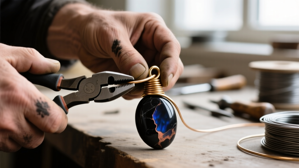 Macro shot of hands using nylon jaw pliers to wrap 20-gauge half-hard brass wire around a dark stone cabochon bail