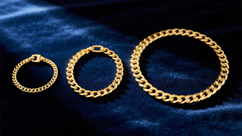 Flat lay of three gold chains: 18-inch princess, 22-inch matinee, and 30-inch opera, arranged on a dark navy velvet background.