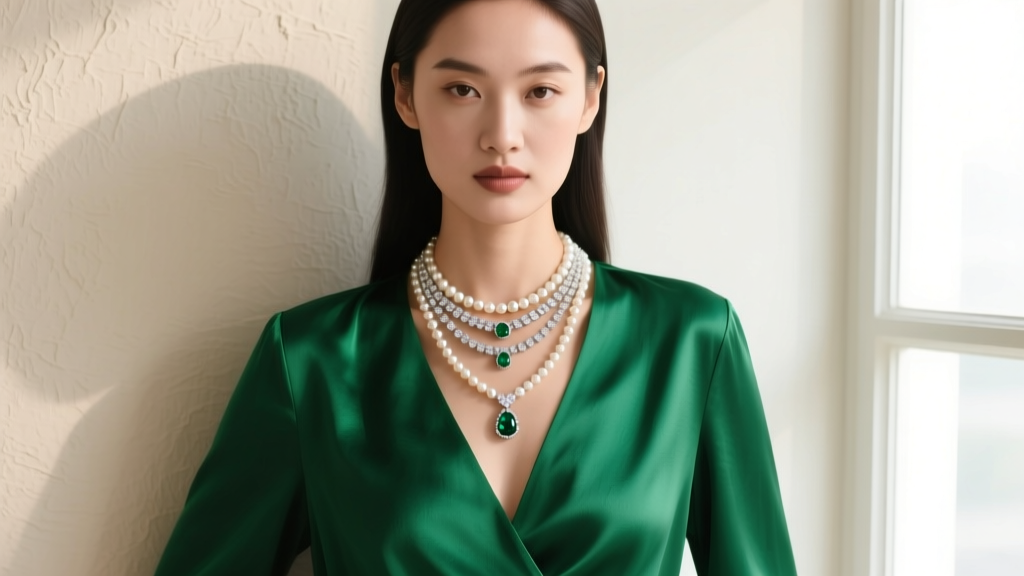Editorial shot of a model wearing layered pearl and diamond necklaces over an emerald green silk blouse with a deep V-neckline