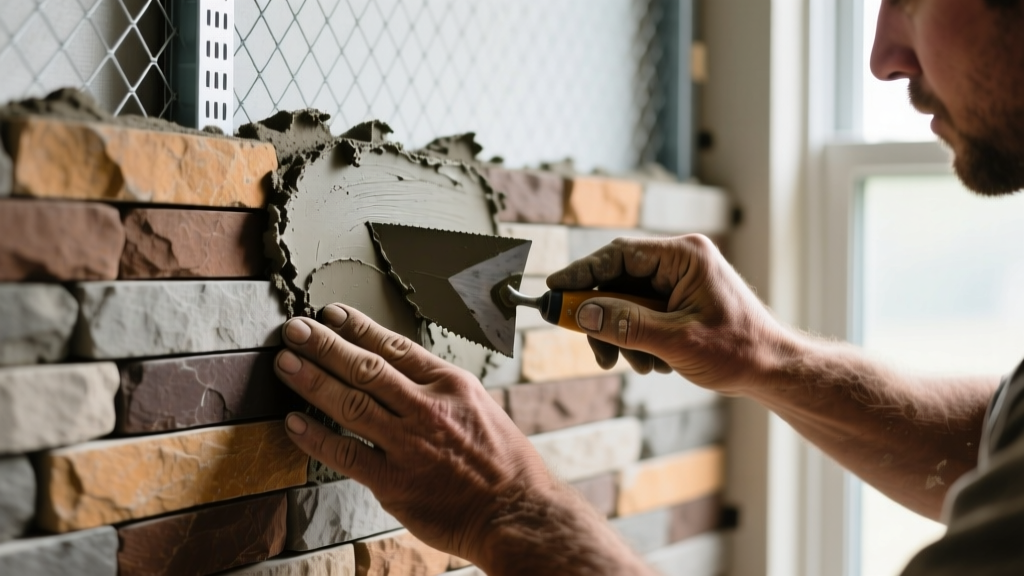Close-up of a DIYer applying Type S mortar to the back of a manufactured stacked stone veneer piece before placing it on a lath wall