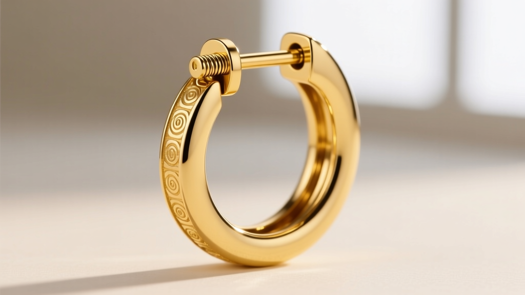 Macro shot of an 18-gauge gold click-shut post on a luxury hoop earring, highlighting the secure locking mechanism in sharp focus.