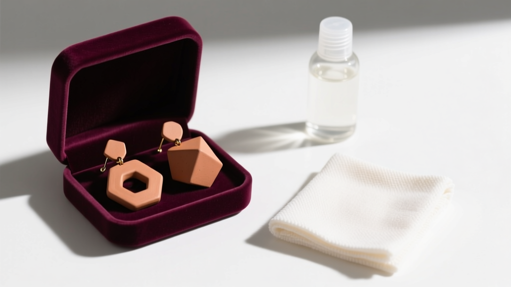 Flat lay of geometric clay earrings in a velvet box, beside a microfiber cleaning cloth and a small bottle of mild liquid soap