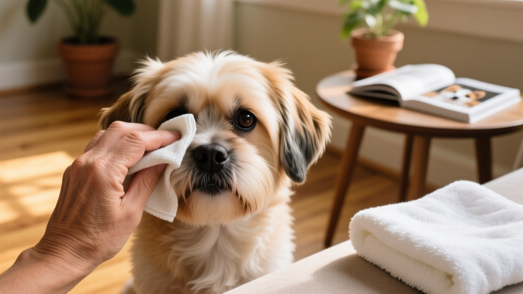 Close-up of a gentle hand wiping a soft, damp cloth around a calm Shih Tzu’s eye area, with natural lighting and a clean towel visible nearby