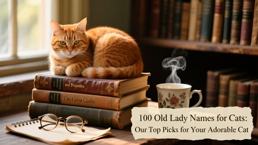 A ginger cat curled up on a stack of well-worn hardcover books beside reading glasses and a steaming mug