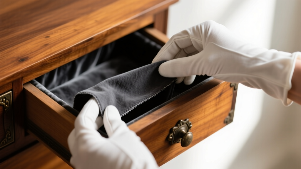 Hands in white cotton gloves carefully placing custom-cut charcoal grey anti-tarnish cloth into a small antique wood drawer.