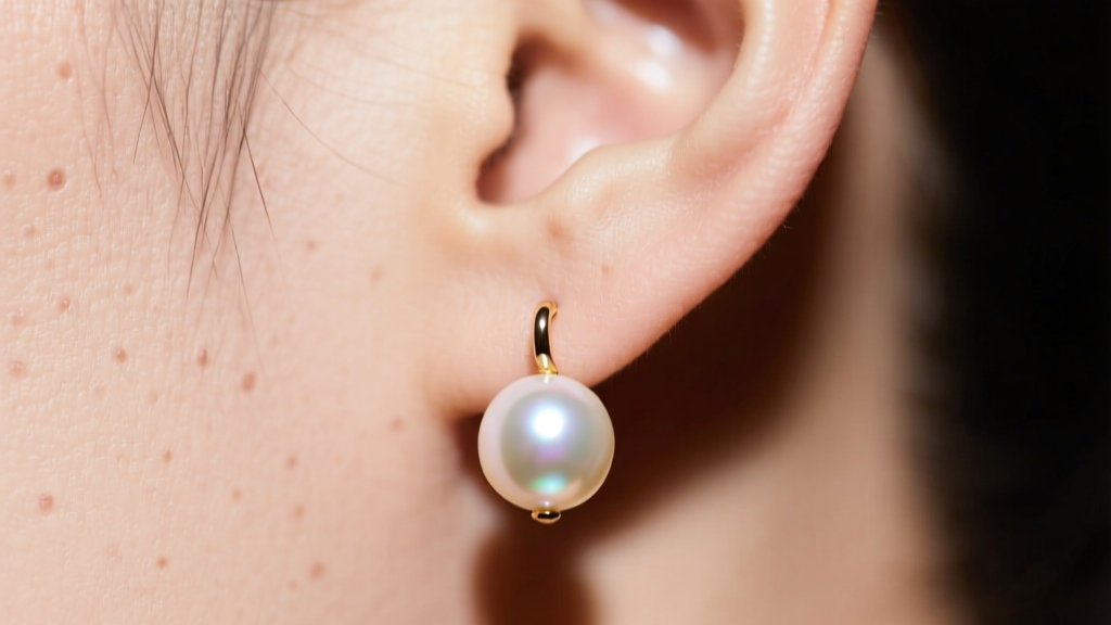 Macro shot of an earlobe wearing a heavy 12mm pearl drop earring, showing slight downward skin pull under warm studio lighting.