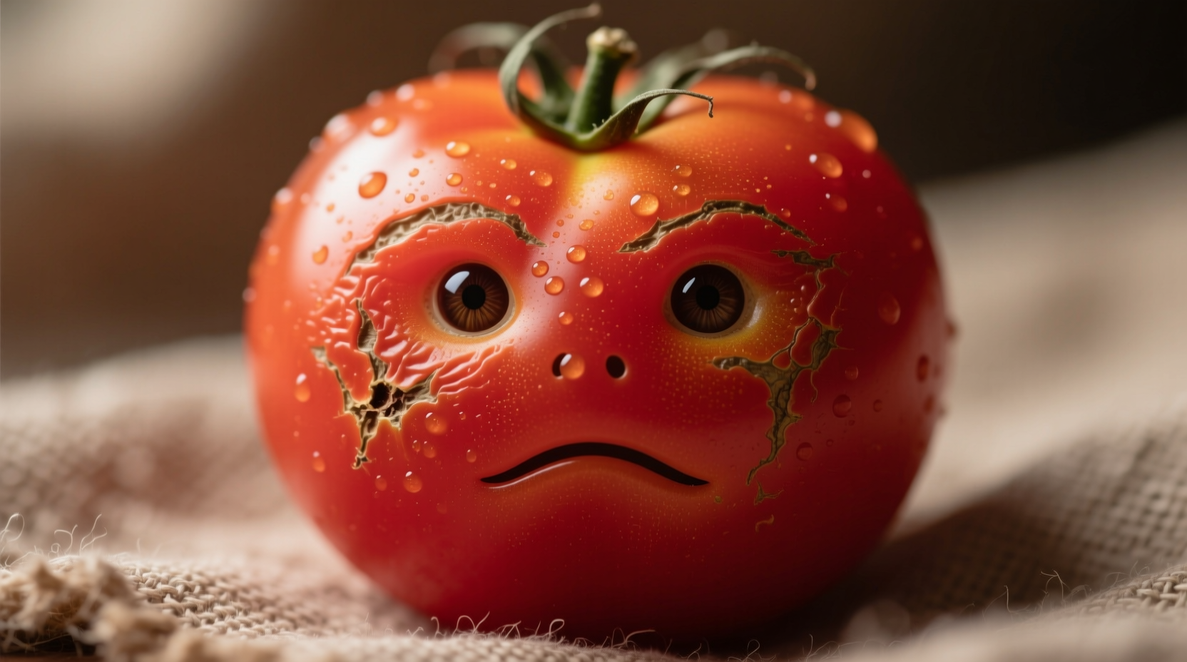 Natural tomato with face-like pattern showing eyes and mouth