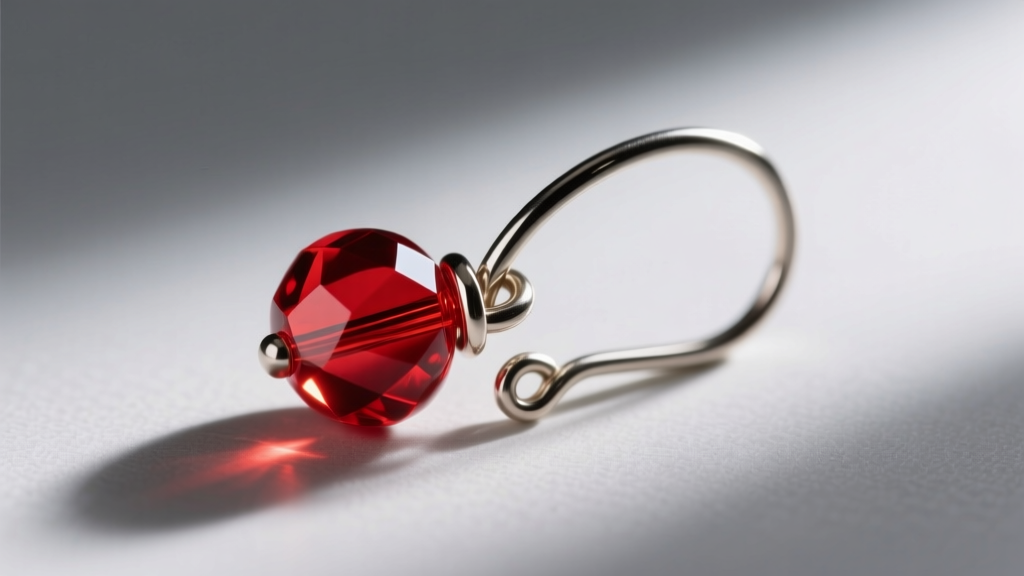 Close-up of 20-gauge niobium French earwire holding a red glass lampwork bead, highlighting the structural curve and tension loop