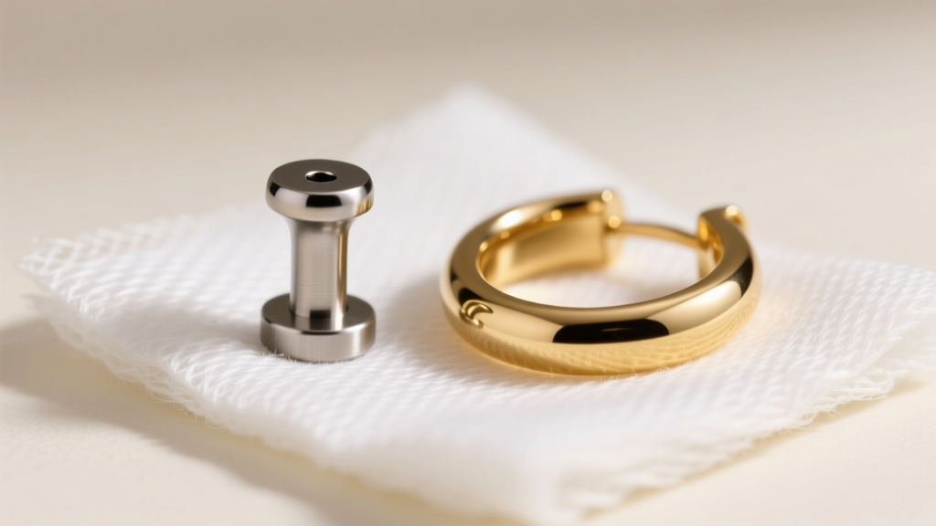Titanium labret stud and 14k gold hoop on sterile gauze, macro product photo with soft diffused shadows and sharp metallic detail