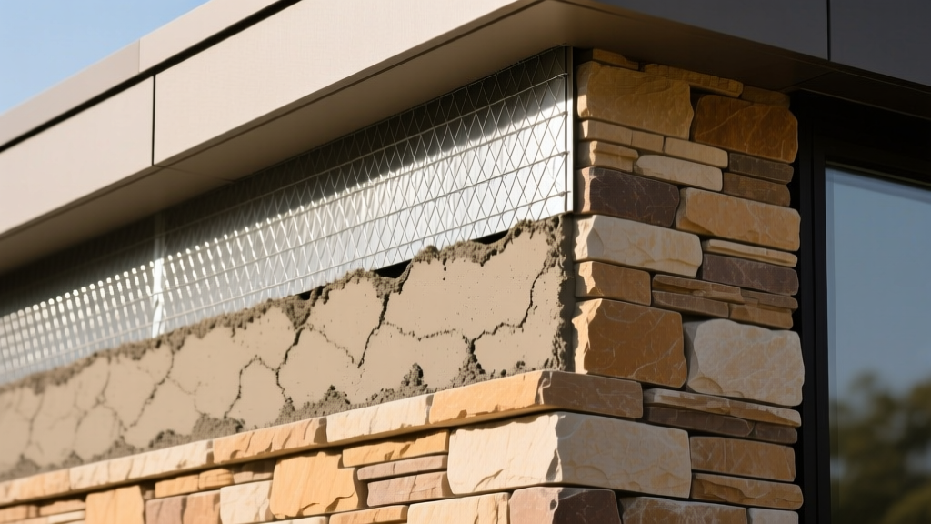 Cross-section of exterior wall stone veneer showing weather barrier, metal lath, mortar scratch coat, and stacked stone profile